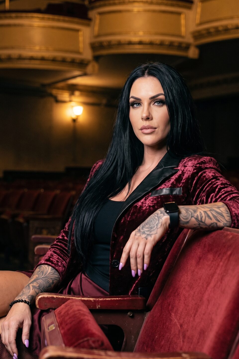 Dahlia Ferrante in a burgundy crushed-velvet blazer with black leather lapels, seated in the red velvet seats of an empty theatre, gilded balconies behind her