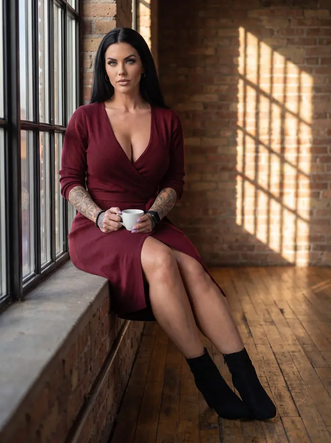 Dahlia on the window ledge of a brick loft in morning sun, oxblood knit wrap dress, a white coffee cup in her hands