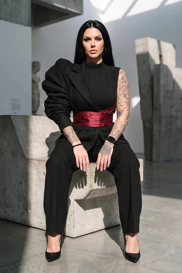 Woman in a black one-sleeve wool blazer top, burgundy satin sash and slit wide-leg trousers in a concrete gallery