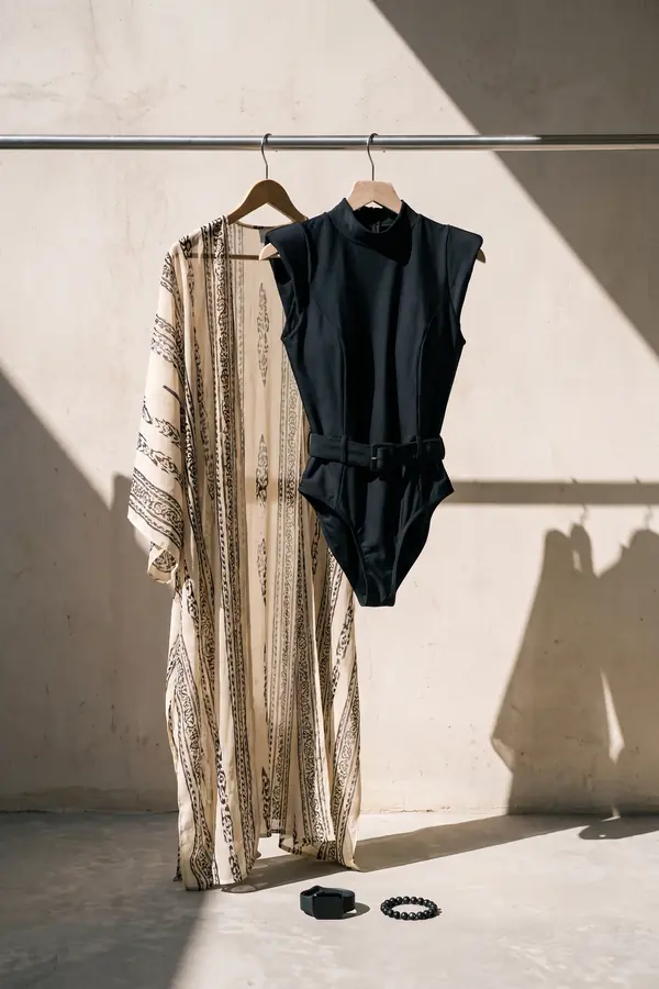 Woman in a belted black high-neck swimsuit and long printed chiffon kimono sitting at the edge of a desert pool