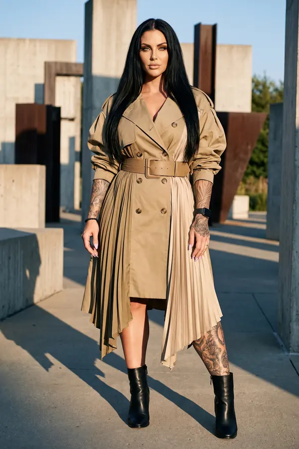 Woman in a belted camel trench dress with pleated satin side panels and black ankle boots among concrete and steel blocks