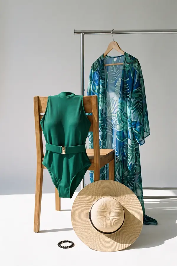 still life: Belted green halter swimsuit and palm-print kimono