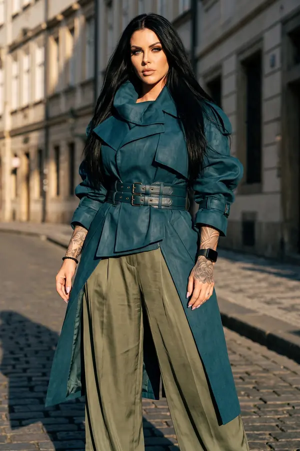 Woman in a belted petrol trench coat with a large storm collar over olive satin wide-leg trousers on a cobbled street