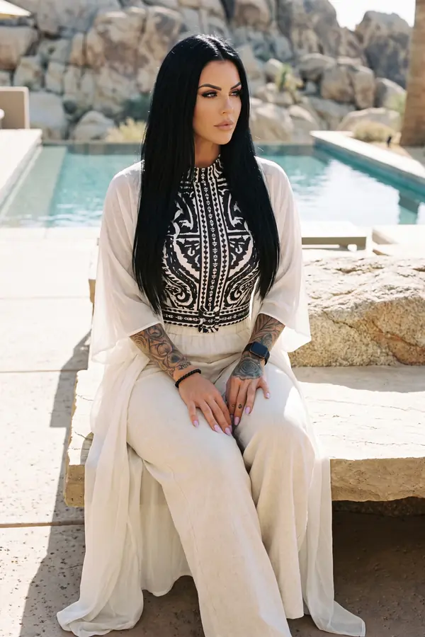 Woman in a black and ivory print bodysuit, ivory linen trousers and a chiffon kimono seated on a stone bench by a desert pool