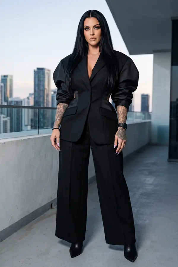 Woman in a black wool blazer with oversized balloon sleeves and a cut-out waist, wide-leg trousers, on a balcony at dusk