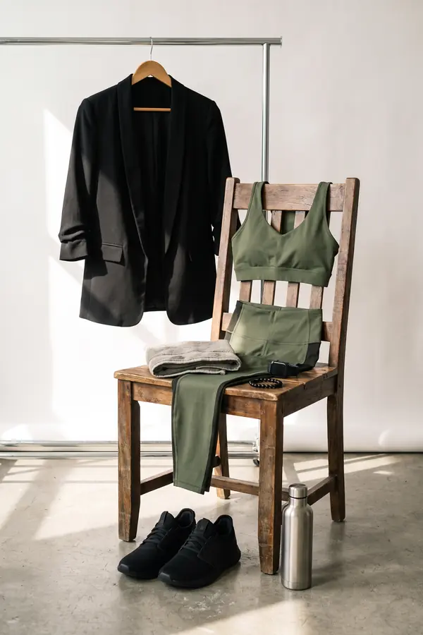 still life: Black blazer over an olive sports top and panelled leggings