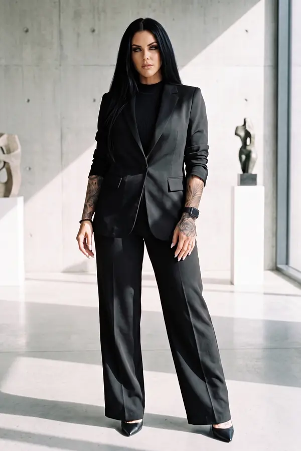 Woman in a black blazer with built-in leather straps and black wide-leg trousers in a sunlit concrete gallery