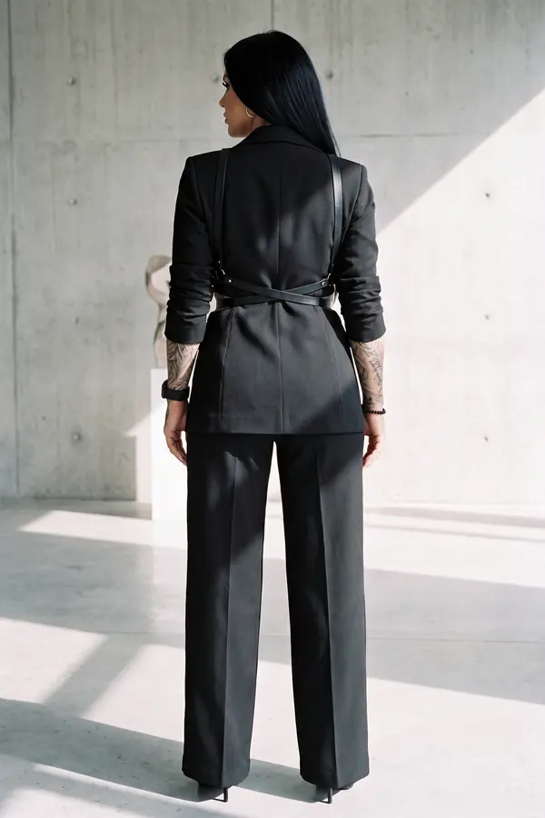 back & profile: Black blazer with built-in leather straps and wide-leg trousers