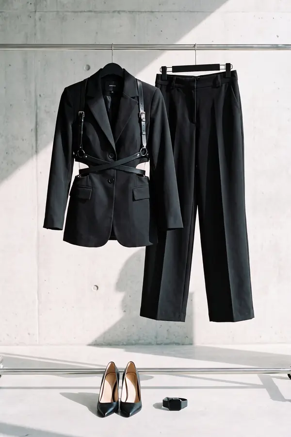 still life: Black blazer with built-in leather straps and wide-leg trousers