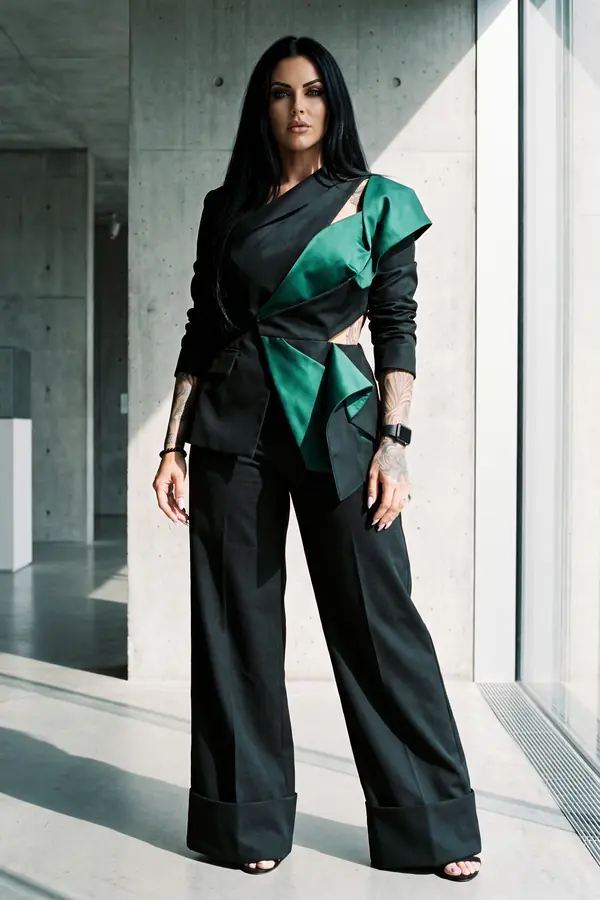 Woman in a black wool blazer with an emerald satin drape and black cuffed wide-leg trousers in a concrete gallery
