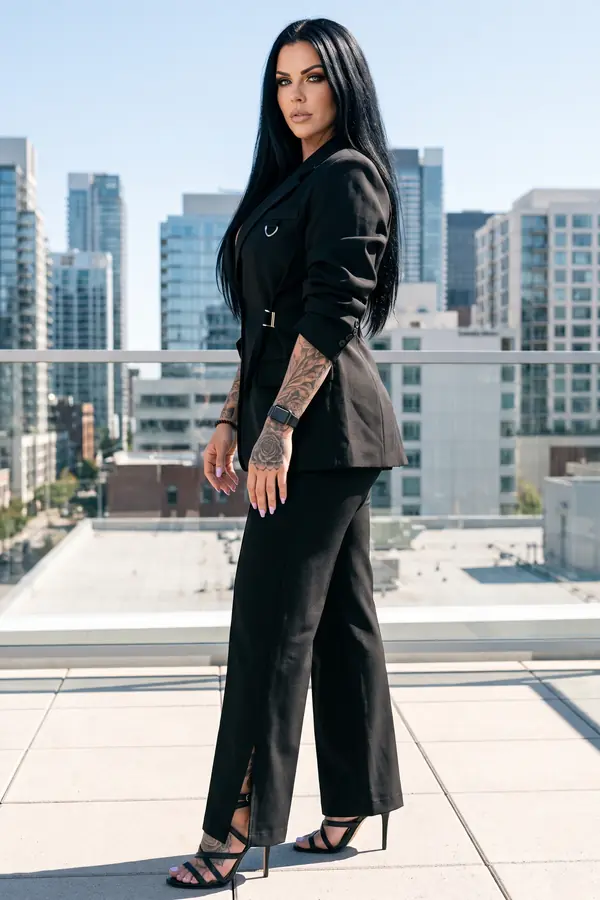 full look: Black buckle-strap blazer with slit-hem straight trousers