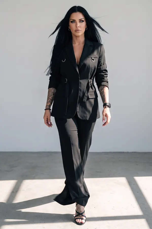 in motion: Black buckle-strap blazer with slit-hem straight trousers