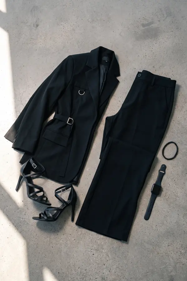 still life: Black buckle-strap blazer with slit-hem straight trousers