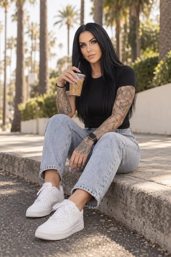 Woman in a black crew-neck tee, light-wash straight jeans and white sneakers sitting on a kerb with an iced coffee