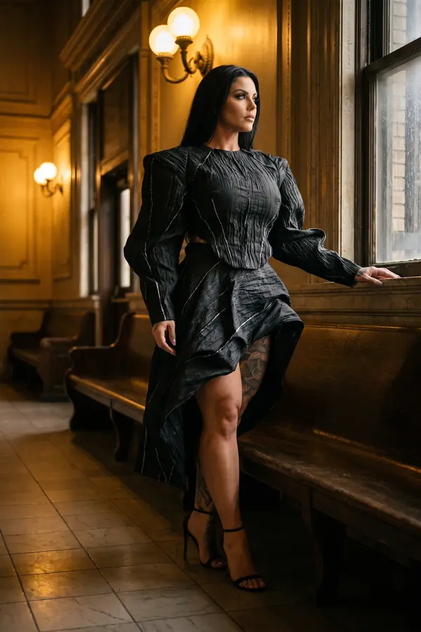 Woman in a black crinkled taffeta cropped top and draped skirt with silver piping by a window in a station waiting room