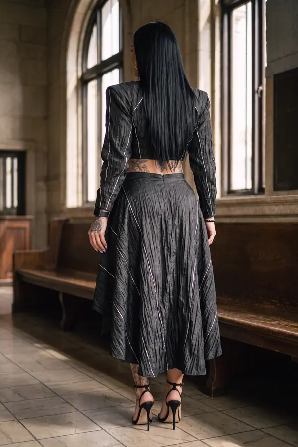 back & profile: Black crinkled taffeta top and skirt with silver piping