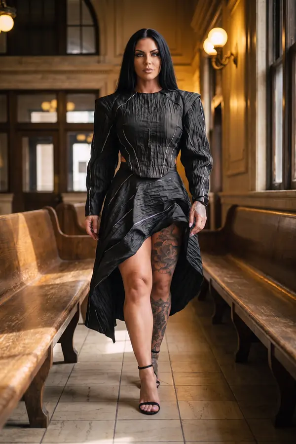 in motion: Black crinkled taffeta top and skirt with silver piping