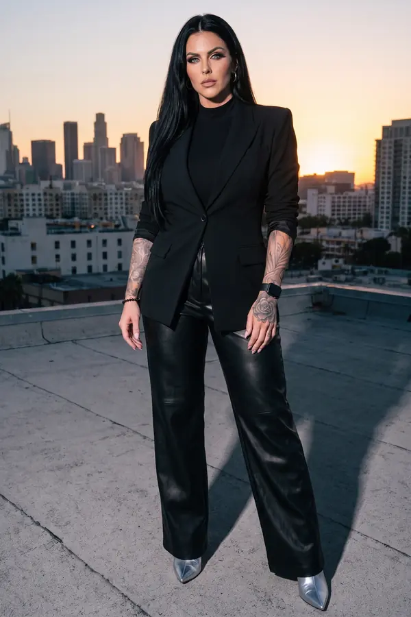 Woman in a black cut-out blazer, leather wide-leg trousers and silver boots on a rooftop at sunset