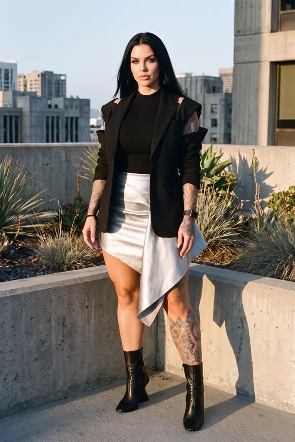 Woman in a black cut-out blazer and silver faux leather asymmetric mini skirt with black ankle boots on a rooftop
