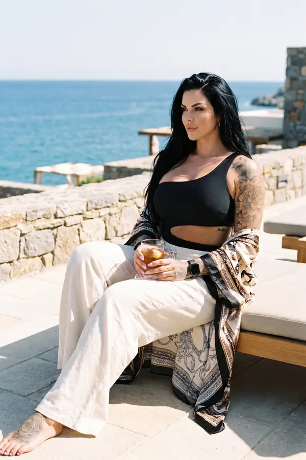 Woman in a black cut-out bodysuit, ivory linen trousers and a scarf-print kimono on a stone terrace above the sea