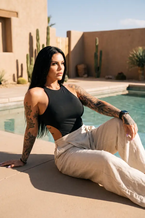 Woman in a black cut-out bodysuit and natural linen wrap trousers sitting by a pool in a desert courtyard