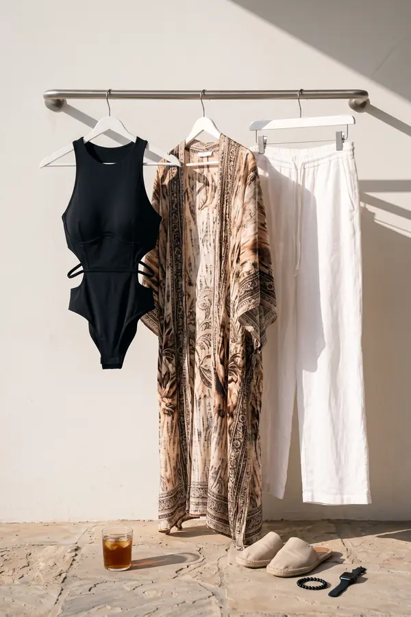 still life: Black cut-out bodysuit with white linen wide-leg trousers
