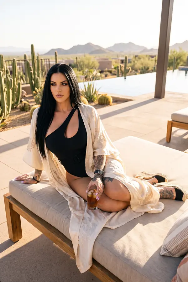 Woman in a black keyhole swimsuit and ivory embroidered satin kimono on a daybed by a desert pool with cacti