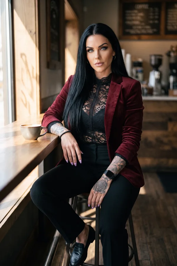 Woman in an oxblood velvet blazer over a black high-collar lace blouse, seated at a cafe counter in window light