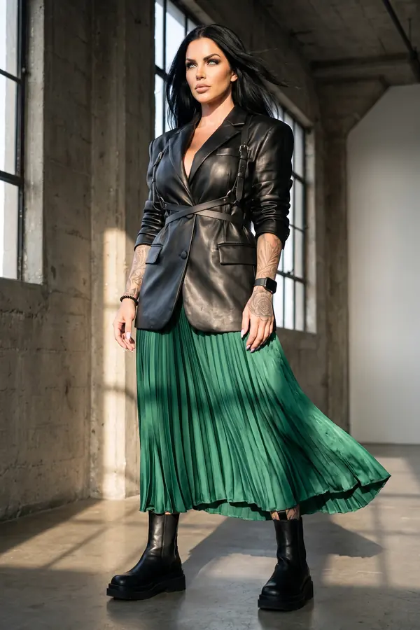 Woman in an oversized black leather blazer with a buckled shoulder-strap belt, emerald pleated midi skirt and chunky boots in a loft