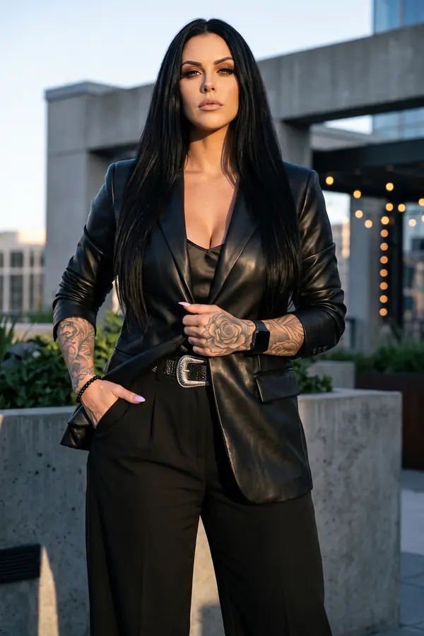 Woman in a black leather blazer, satin cami, black wide-leg trousers and a silver western buckle belt on a rooftop at dusk