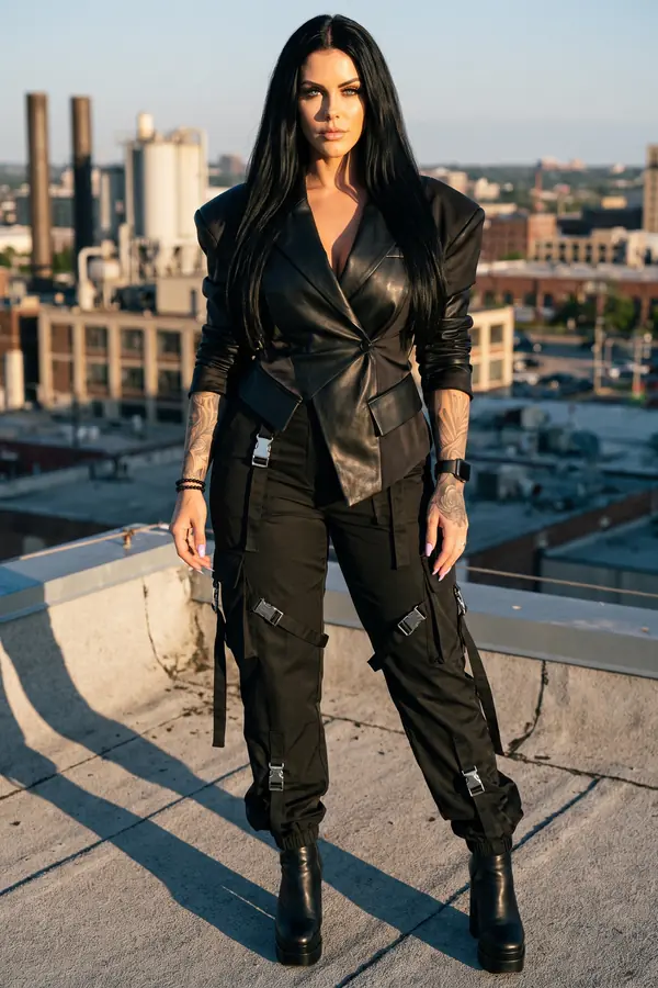 Woman in a black leather blazer and black buckled cargo trousers with platform boots on a rooftop at sunset