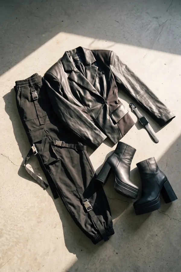 still life: Black leather blazer with strap-and-buckle cargo trousers
