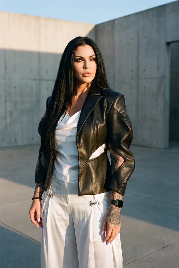 Woman in a black leather cut-out blazer, white satin cowl top and ivory satin wide-leg trousers by a concrete wall
