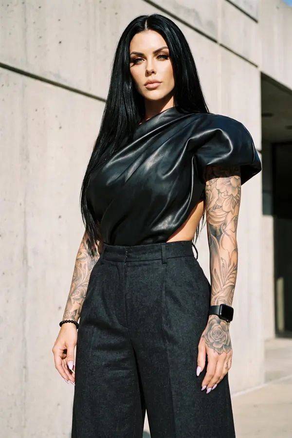 full look: Black leather draped top and charcoal wide-leg trousers