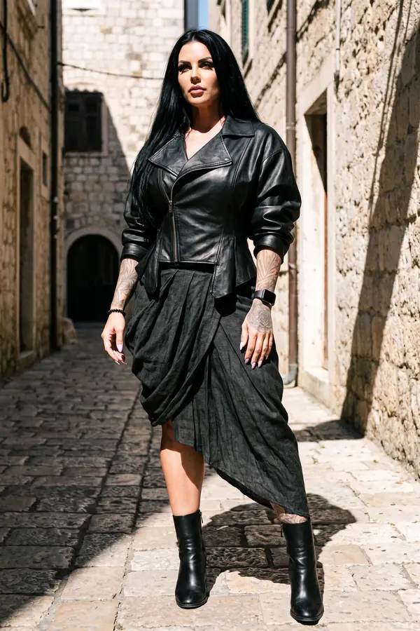 Woman in a black leather peplum biker jacket, a draped black linen midi skirt and black ankle boots in an old stone alley