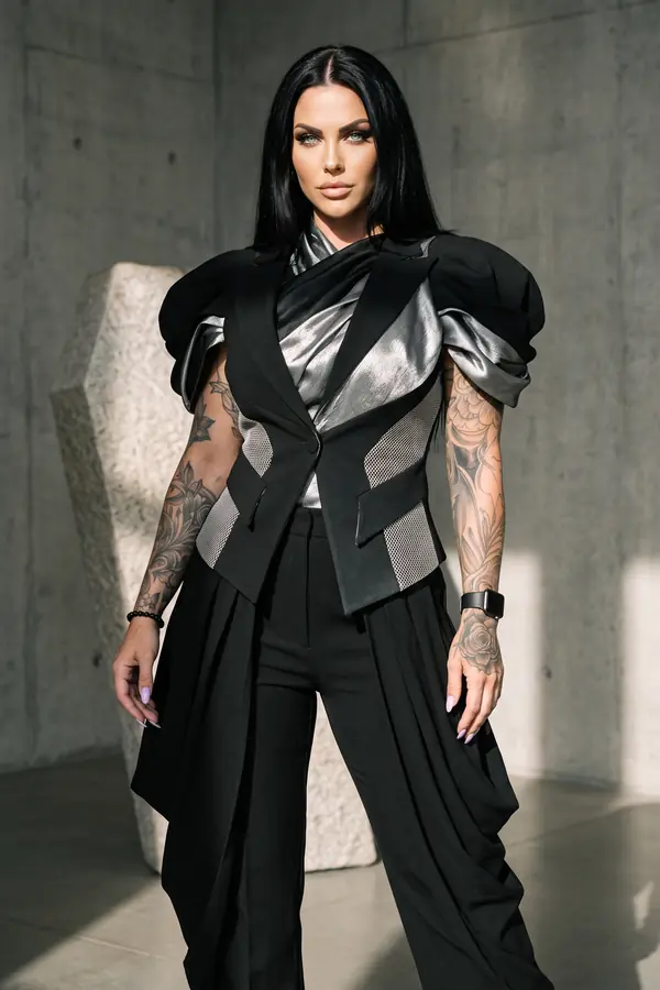 Woman in a black mesh-panel waistcoat over a silver satin top with puffed sleeves and black wide-leg trousers, concrete wall
