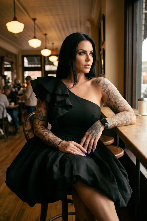 Woman seated at a cafe bar by a window in a black one-shoulder dress with a ruffled strap and a bubble skirt