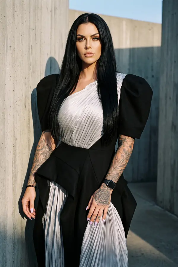 full look: Black puff-sleeve dress with pleated silver panels