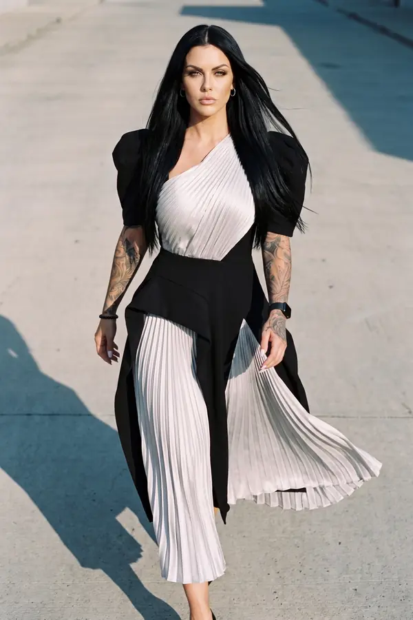 in motion: Black puff-sleeve dress with pleated silver panels