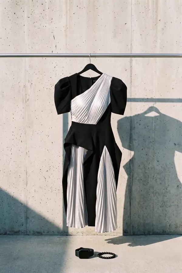 still life: Black puff-sleeve dress with pleated silver panels