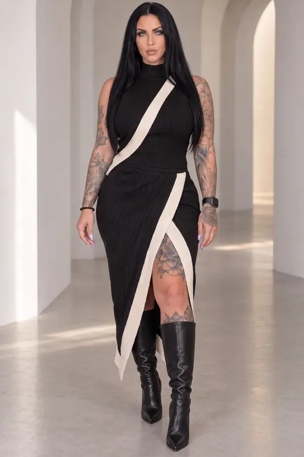 Woman in a black ribbed knit off-the-shoulder wrap top and wrap skirt with bone trim and black knee boots in a white hallway