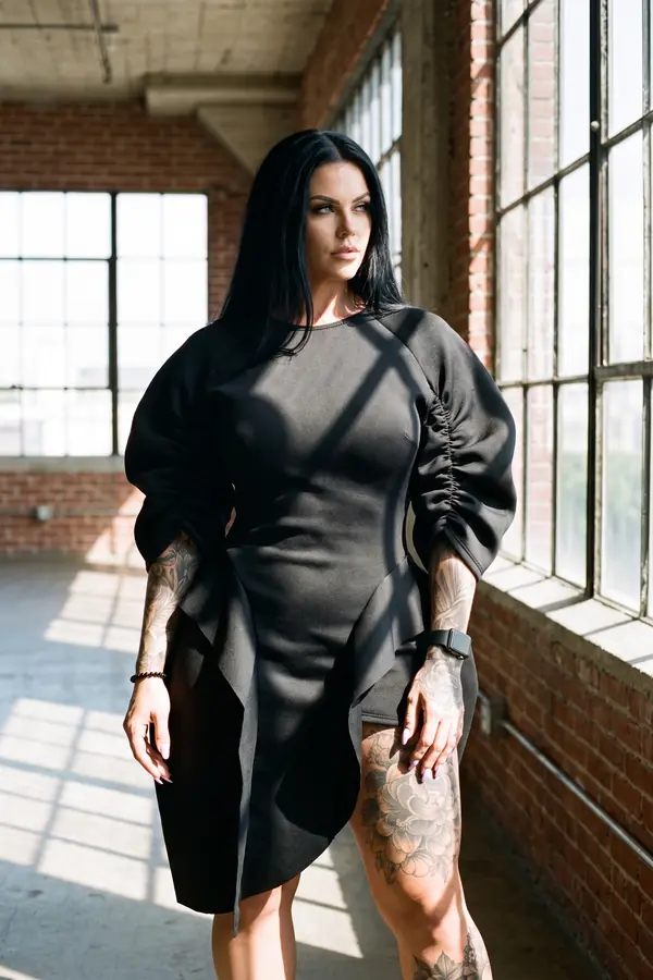 Woman standing in a brick loft by tall windows in a black scuba mini dress with ruched balloon sleeves and a panelled hem