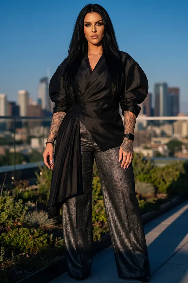 Woman in a black taffeta wrap blouse with balloon sleeves and metallic gunmetal wide trousers on a rooftop at dusk