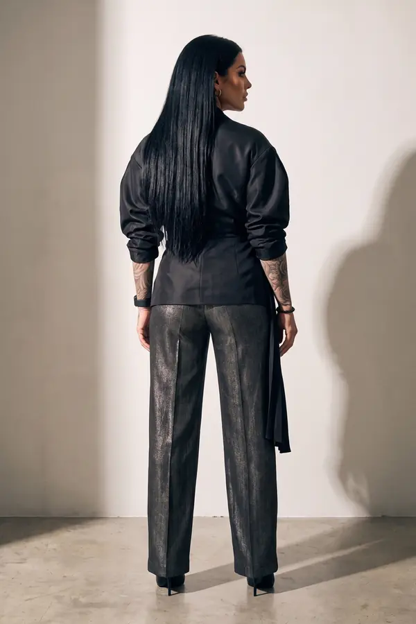 back & profile: Black taffeta wrap blouse with gunmetal wide trousers