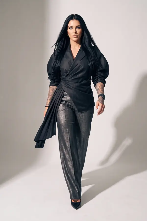 in motion: Black taffeta wrap blouse with gunmetal wide trousers