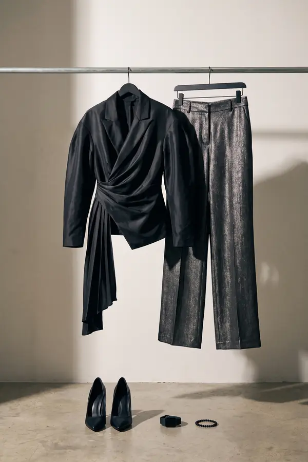 still life: Black taffeta wrap blouse with gunmetal wide trousers