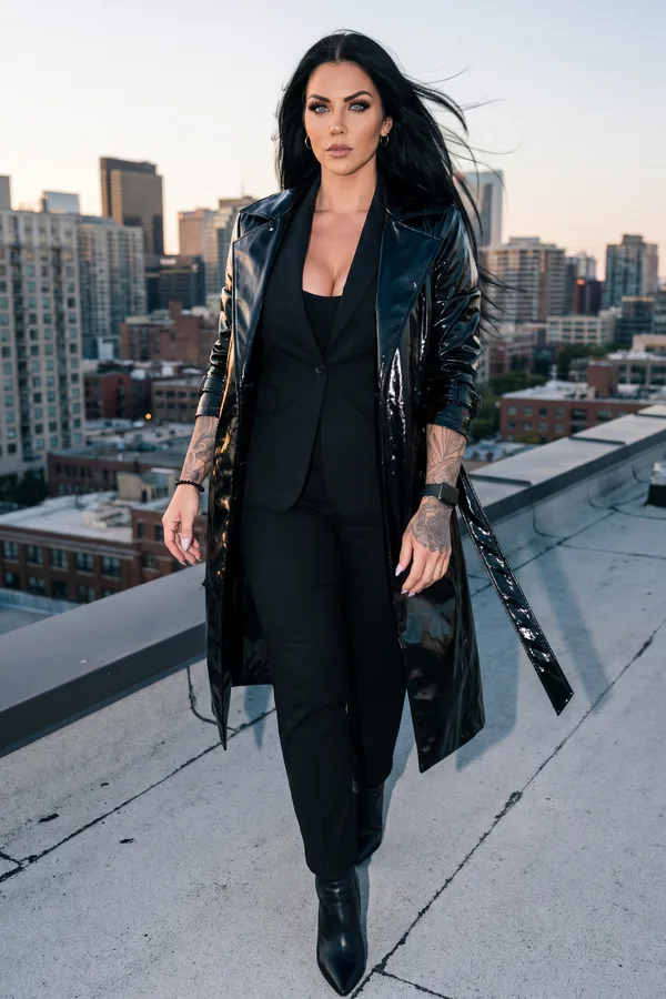 Woman walking across a rooftop at dusk in an open black vinyl trench over a black trouser suit and tank top, skyline behind