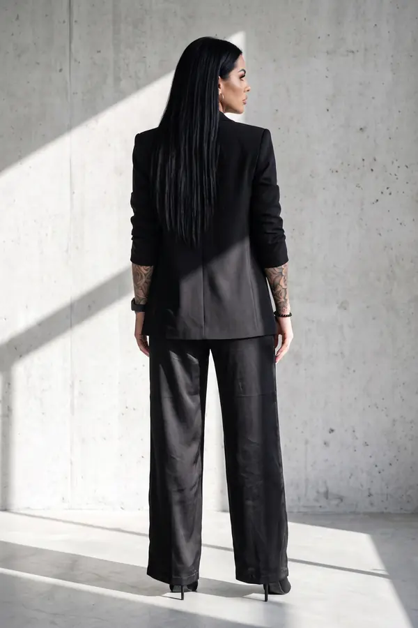 back & profile: Black wool blazer, satin cami and satin wide-leg trousers