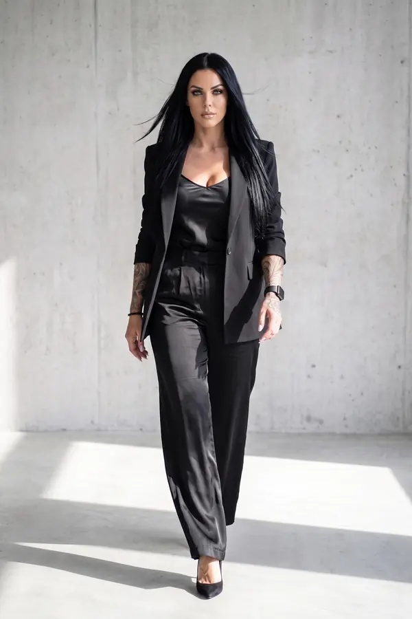in motion: Black wool blazer, satin cami and satin wide-leg trousers