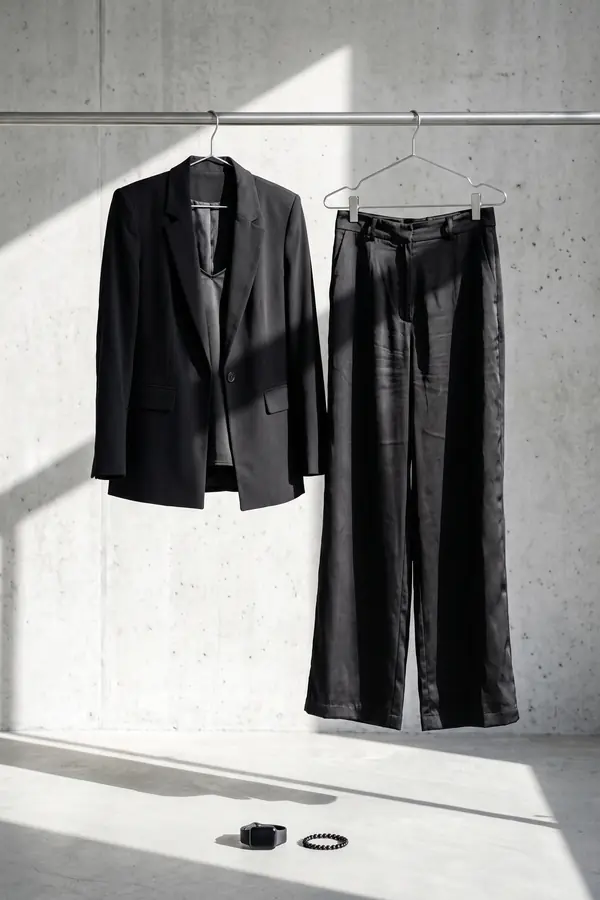 still life: Black wool blazer, satin cami and satin wide-leg trousers